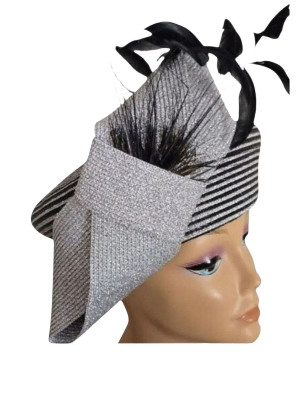 KaKy Co. Black Silver Metallic Beret Hat Bow Feathers